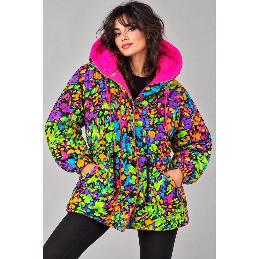 Dopamine Maximalist Neon Abstract 90s Ski Coat Hot Pink Hood Size 10